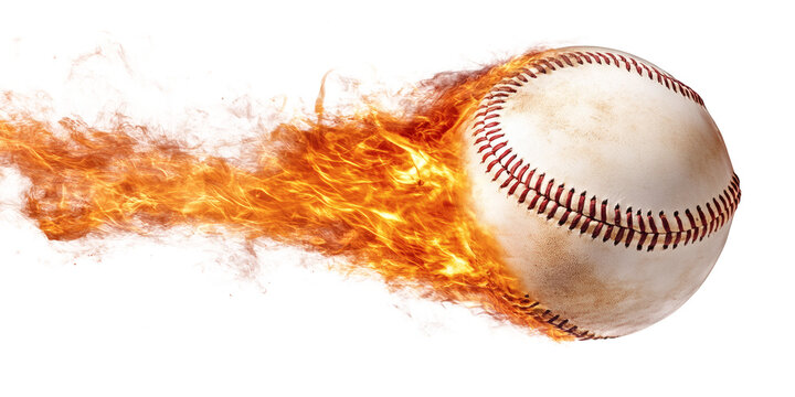 Close up of a white leather baseball engulfed in bright orange flames moving rapidly through the air&nbsp;