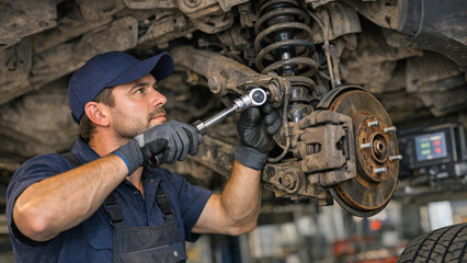 Fototapeta premium Two mechanics working on an engine, performing maintenance and repairs.