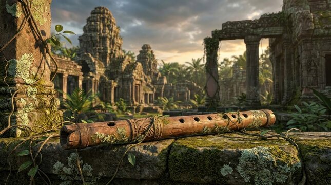 Ancient flute lies amidst ruins of old temple in jungle landscape