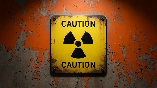 A weathered yellow caution sign with a radiation symbol mounted on a textured orange wall.