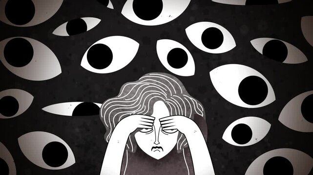 frightened woman with paranoia and schizophrenia surrounded by giant watching eyes