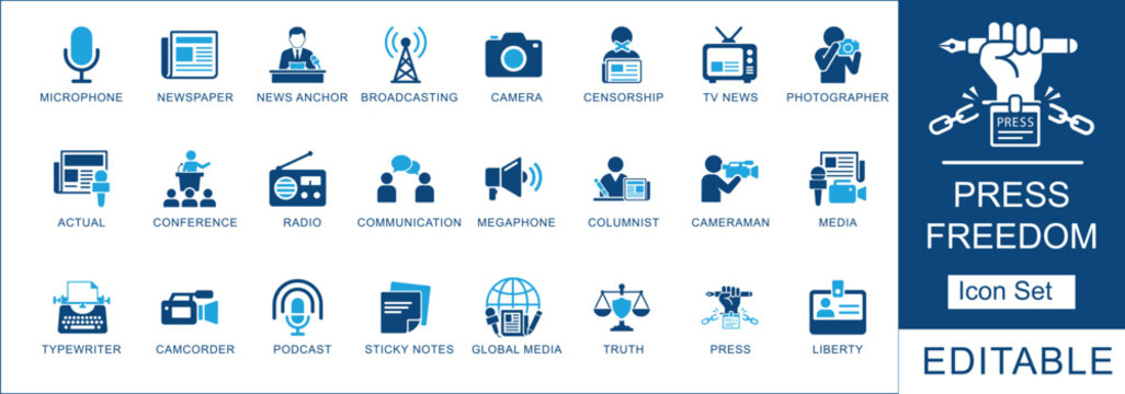 Press freedom and media icon set. Featuring broadcasting, global journalism, news anchor, communication and censorship. Vector icons for media kits, press releases and news websites.