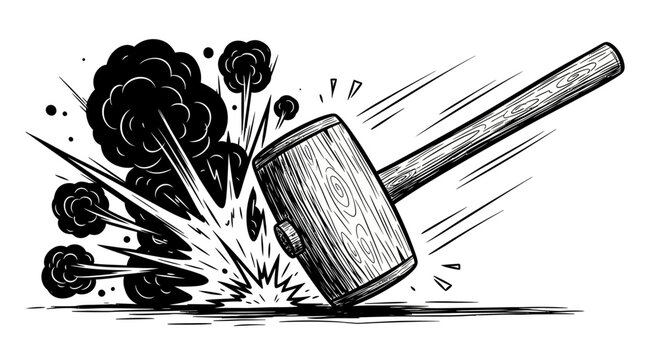 Exploding Wooden Mallet Impact with Smoke and Debris, isolated white background.