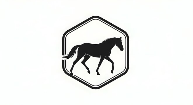 A dynamic black silhouette of a galloping horse enclosed in a clean geometric hexagon logo shape.