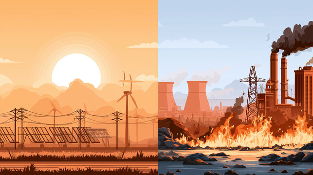 Contrasting Worlds: A visual representation of two contrasting environments - one depicts clean renewable energy sources like solar panels and wind turbines under a bright sun.
