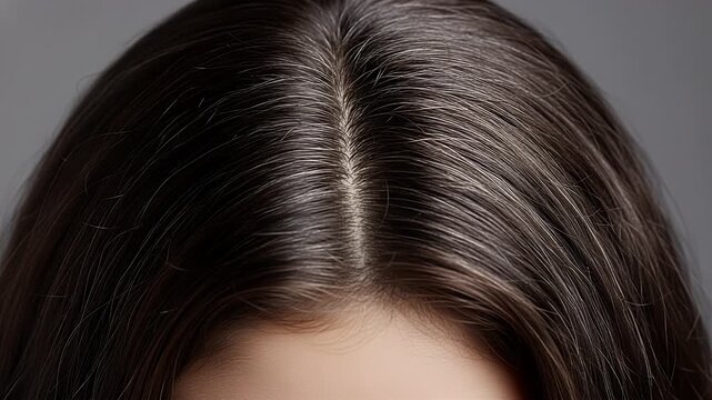 Woman showing visible gray hair roots at the scalp indicating a need for professional touch up treatment to maintain a healthy and youthful looking appearance