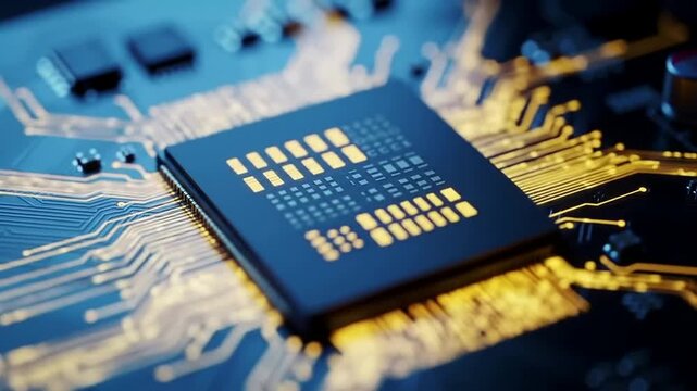 Close-Up Shot Of A Sophisticated AI Microchip Mounted On A Clean Dark Circuit Board Background, 4K High-Definition Technology Visual