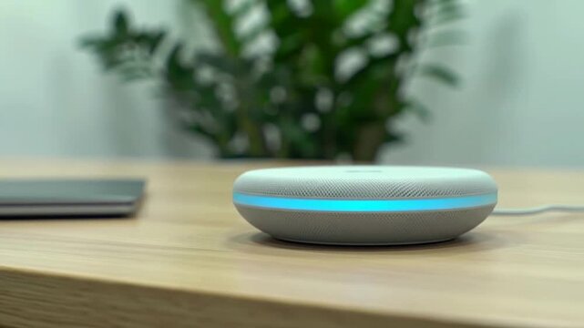 Close-Up View Of A Sleek Unbranded Smart Assistant Device On A Minimalist Wooden Desk With Blurred Plant Background