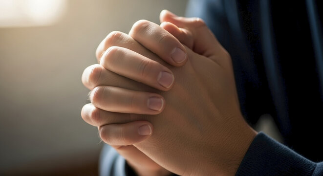 Close up of clasped hands with intertwined fingers. Concept of prayer, hope and contemplation. Person holding hands together in quiet reflection