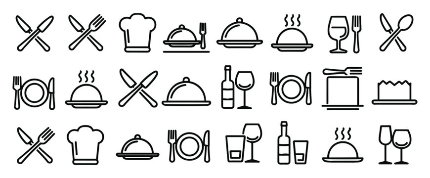 Set of black and white icons representing restaurant service and dining culture with restaurant hospitality monochrome isolated culinary