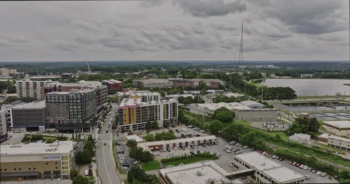 Atlanta Georgia Aerial v860 drone low flyover Home Park neighborhood above 14th street NW, continue on Howell Mill road, capturing Midtown and downtown cityscape - Shot with Mavic 3 Cine - August 2022