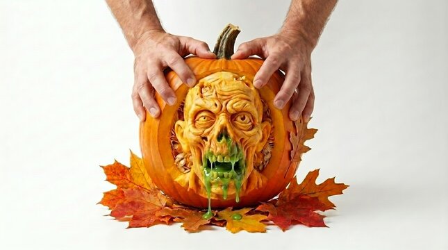 Halloween Zombie Pumpkin Carving Dripping Green Slime Held by Human Hands on White Background
