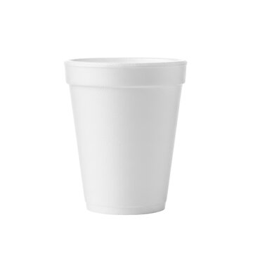 A pristine, tapered styrofoam cup with matte, porous texture, standing on transparent infinity backdrop with soft shadow, reflection, copy space. Concept for fast food advertising