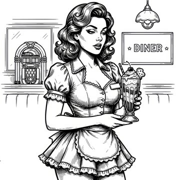 A retro diner waitress serving a milkshake inside a classic American diner interior, featuring chrome accents, checkered flooring, and vintage seating booths that evoke a nostalgic mid-century.