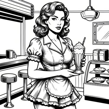 A retro diner waitress serving a milkshake inside a classic American diner interior, featuring chrome accents, checkered flooring, and vintage seating booths that evoke a nostalgic mid-century.