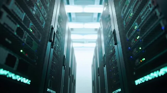 High-Tech Data Center Featuring Advanced Cloud AI Infrastructure with Powerful Servers and Bright LED Lighting