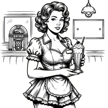 A retro diner waitress serving a milkshake inside a classic American diner interior, featuring chrome accents, checkered flooring, and vintage seating booths that evoke a nostalgic mid-century.