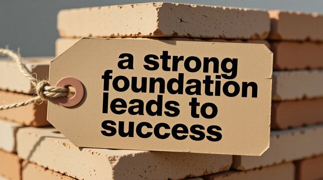 Bricks form strong foundation for success. Tag states quote about building solid base for achievement. Represents growth stability and future progress.