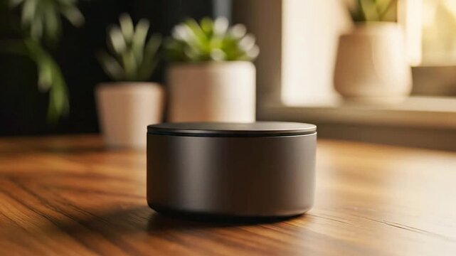 Sleek Minimalist Smart Assistant Device On Wooden Desk With Green Plants In The Background Showcasing Modern Technology And Home Automation
