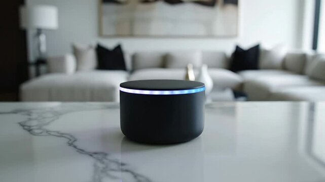 Sleek Unbranded Smart Assistant Device on Minimalist Marble Desk with Plush Living Room Background
