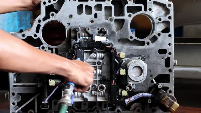 Close-up of a mechanic's hands using a pneumatic air blow gun to clean an automatic transmission valve body unit in a workshop.