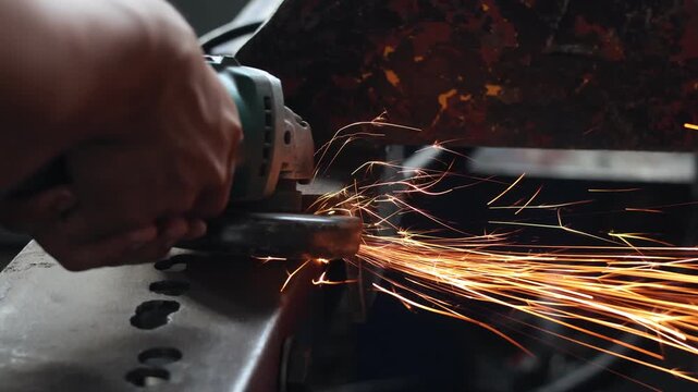 Close-up of a worker operating an electric angle grinder on a steel structure, producing a stream of bright sparks in a workshop