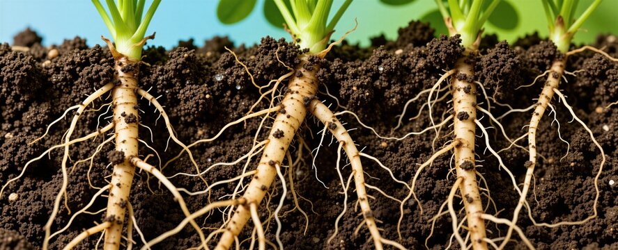 Alfalfa plant roots absorb harmful salts and metals from soil. This detailed close-up shows complex root structure vital for soil health and sustainable agriculture.