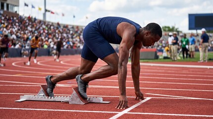 Fototapeta premium Athlete poised at starting blocks on a track during a competitive race with spectators in the background