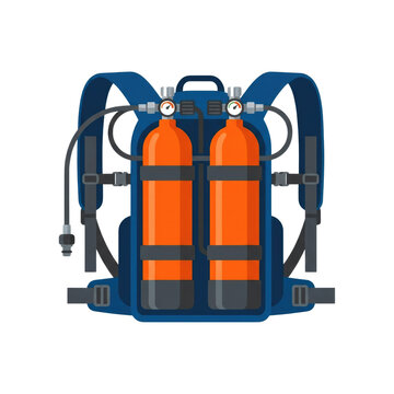 Twin scuba diving tank backpack with pressure gauges and regulator hoses, underwater equipment