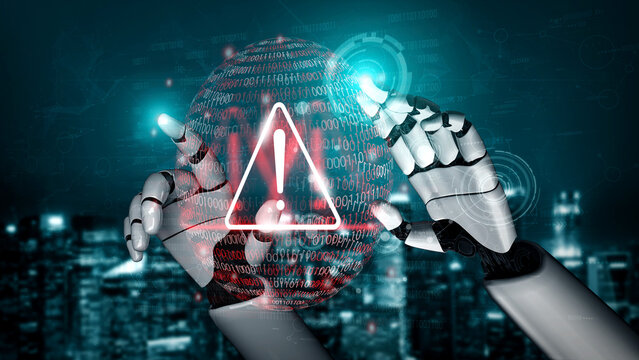 Robotic hands interact with a glowing alert icon amidst a backdrop of binary data and a city skyline, showcasing advanced technology and innovation. Gantry