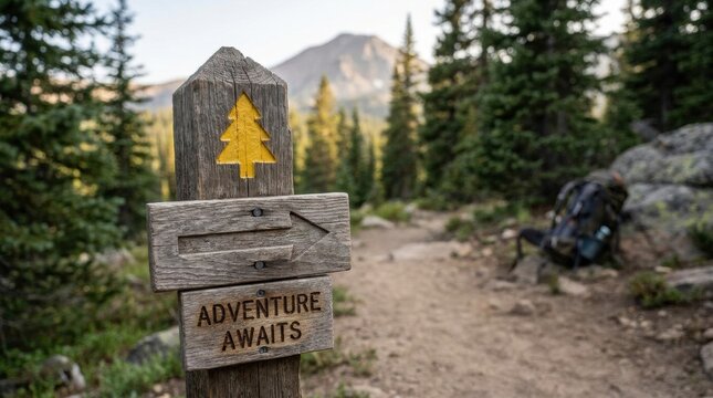 Wooden trail signpost with arrow and tree symbol reading "adventure awaits" on forest mountain path for outdoor travel poster and hiking trail guide design
