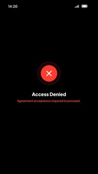 Terms and Conditions Digital Policy Agreement Access Denied Screen in Mobile Application Dark Mode Layout