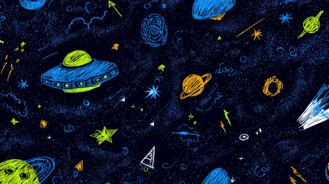 Space Star Spaceship Pattern with Unidentified Flying Object Concept, Futuristic UFO Background and Cosmic Design