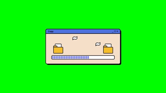 Retro 90s operating system window illustration showing pixel folder to folder copy file progress bar animation on green screen