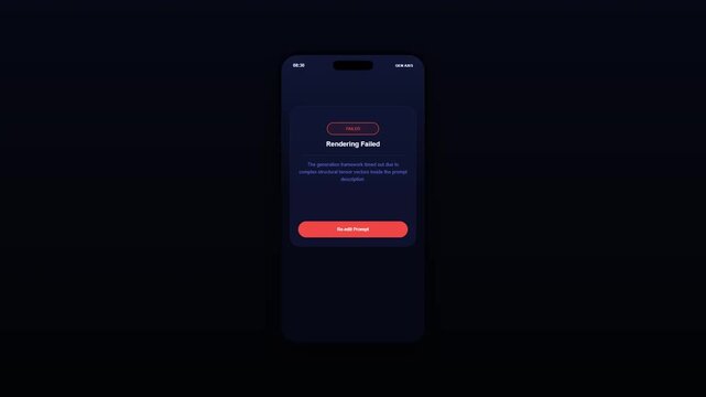 Dark mode smartphone mockup displaying an artificial intelligence video generator application rendering failure screen interface design UI