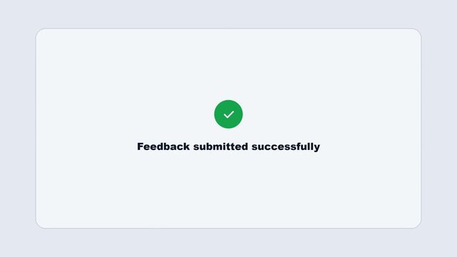 Light mode feedback form UI animation with a three star rating and text box showing a successful submission message.