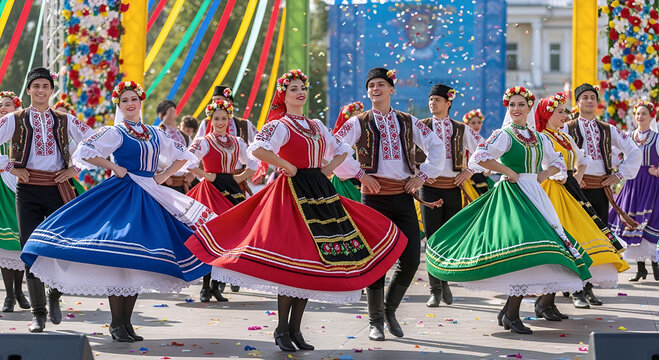 Group of dancers performing traditional eastern european folk dance in colorful ethnic costumes at an outdoor festival.