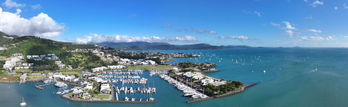 Spectacular aerial panorama of Airlie Beach Whitsundays Queensland Australia