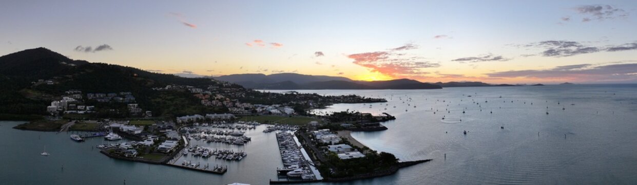 Spectacular aerial sunset of Airlie Beach Whitsundays Queensland Australia