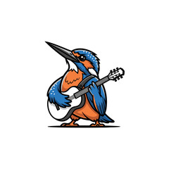 Obraz premium Cute cartoon kingfisher bird strumming an acoustic guitar with enthusiasm, a vibrant and playful illustration representing music, nature, and joy.