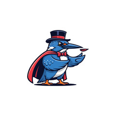 Obraz premium Funny cartoon kingfisher bird magician wearing a top hat and cape, performing a magic trick with a coin