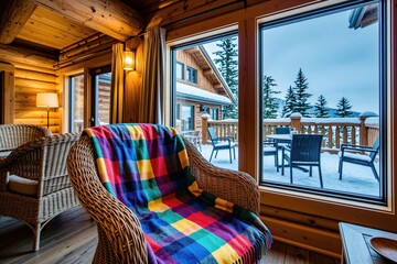 Fototapeta premium Cozy cabin interior with wicker chair draped in colorful blanket. Large window shows snow covered terrace and forest. Warm lodge room offers mountain winter view. Peaceful retreat.