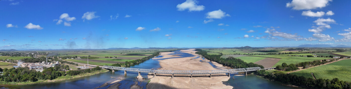 Spectacular aerial panorama of Burdekin River Bridge Home Hill Queensland
