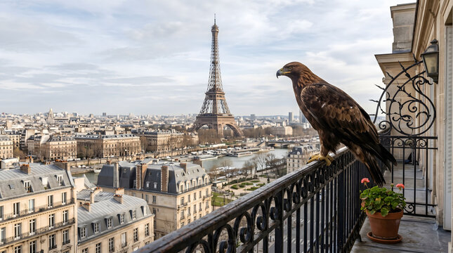 Golden eagle perched on Paris balcony with Eiffel Tower view