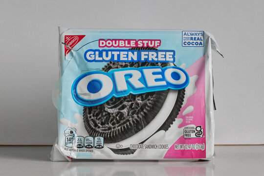package of gluten-free double stuf oreos on a white background with copy space