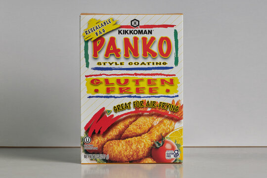 box of Kikkoman gluten free panko style breadcrumb coating for frying on a white background with a copy space