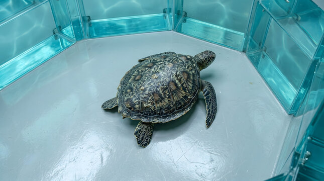 Sea turtle rehabilitation in veterinary clinic holding tank