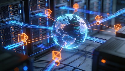 Fototapeta premium AI Network Intelligence Monitoring Worldwide Internet Traffic and Digital Security