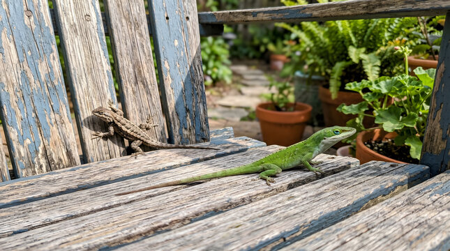 two lizards resting on weathered wooden bench in garden