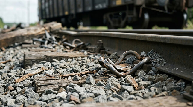 Damaged Railway Track with Broken Fasteners and Debris near Freight Train after Industrial Accident
